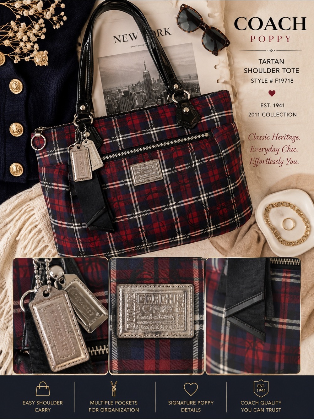 Coach Poppy Y2K 18713 Signature Sateen Tartan Glam Tote Red, Black White - Picture 3 of 16